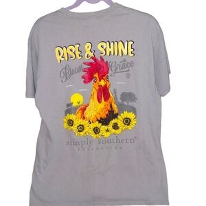 Women's Large Simply Southern FARM RISE&SHINE Rooster Sunflower S.S Gray T-Shirt